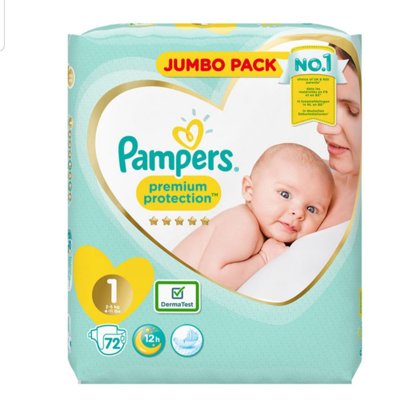 Pampers Premium Protection Jumbo Pack klipši 1 izmērs (2-5 kg) 72 gb. UK