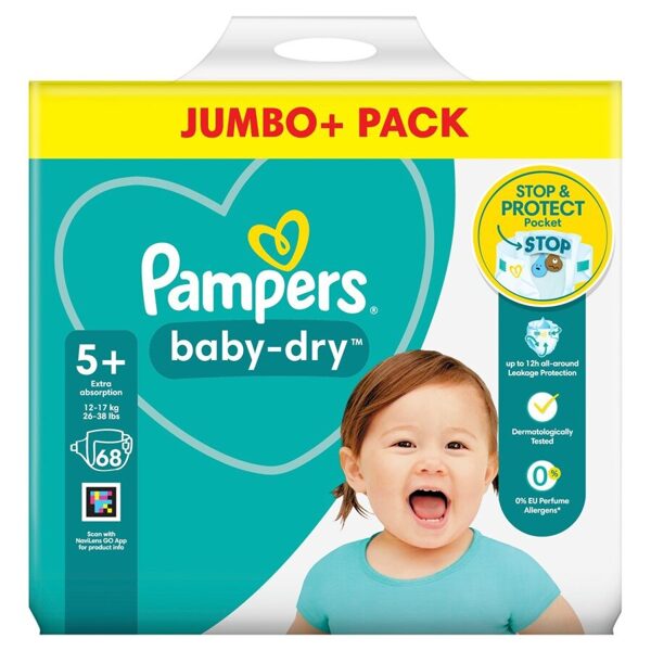 Pampers Baby Dry klipši Jumbo Pack 5+ izmērs (12-17 kg) 68 gb.