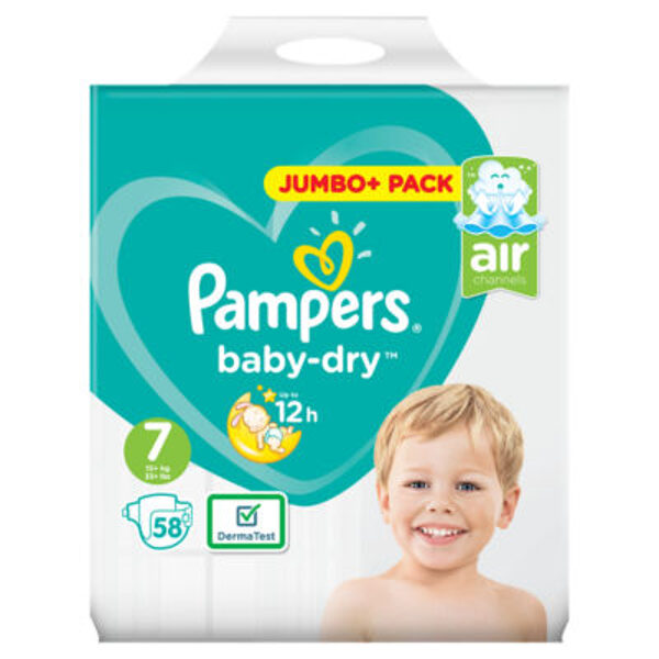 Pampers Baby Dry klipši Jumbo Pack 7 izmērs (15+ kg) 58 gb.