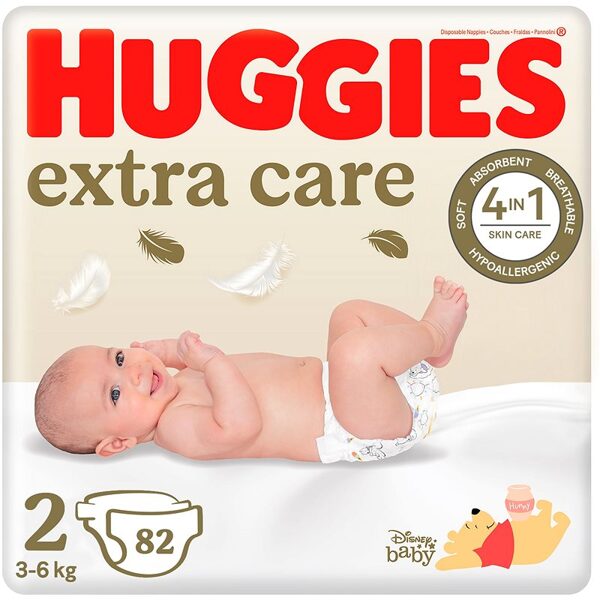 Huggies Extra Care klipši 2 izmērs (3-6 kg) 82 gb.