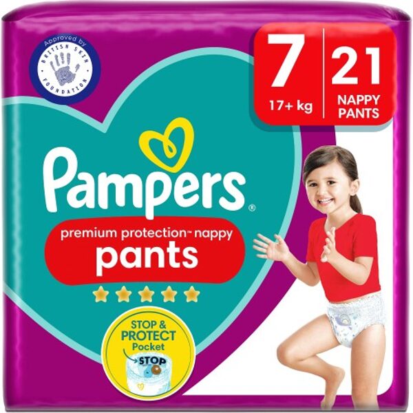 Biksītes Pampers Premium Protection Pants 7 izmērs (17+ kg) 21 gb.